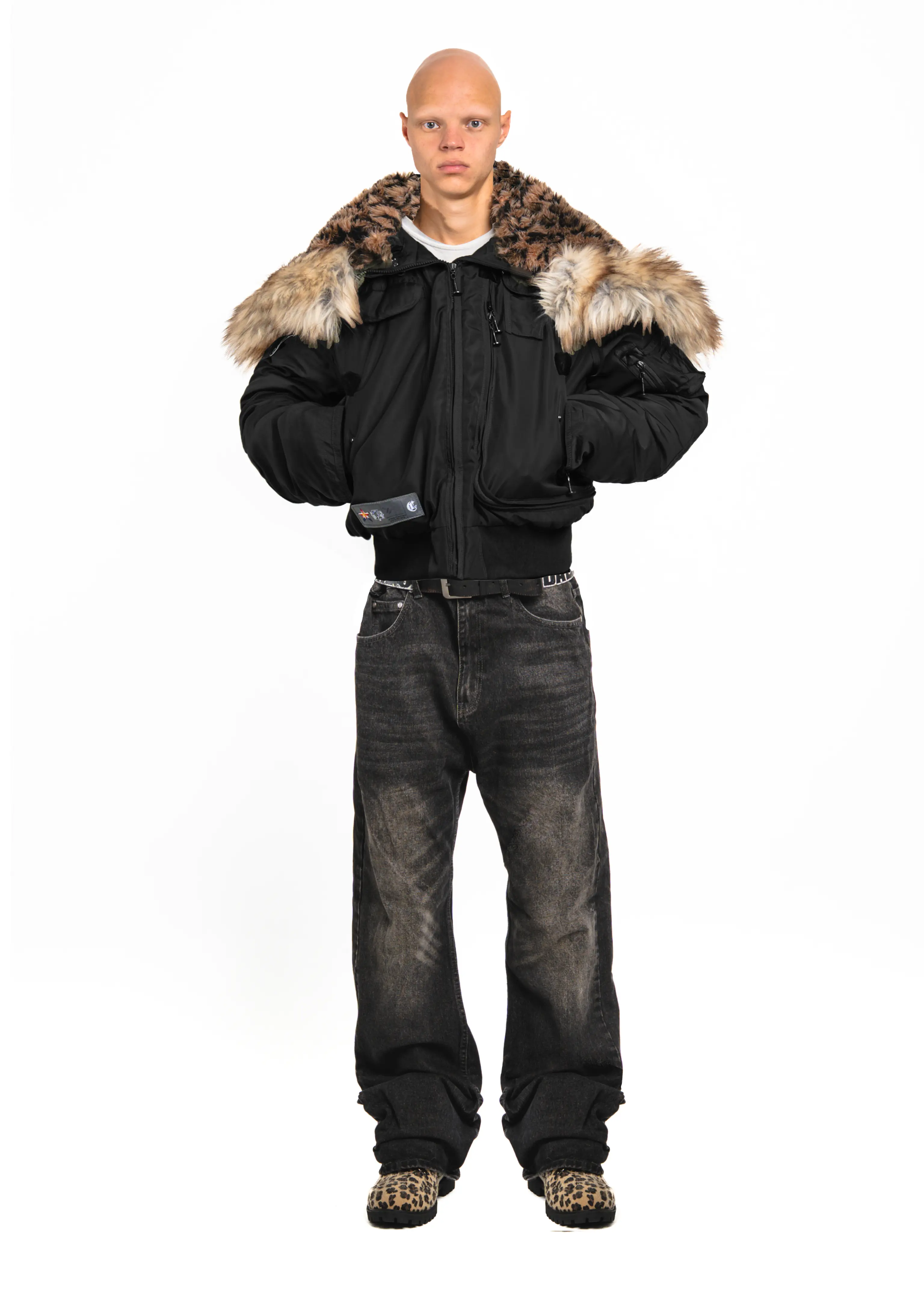 Black Leopard Fur Hooded Jacket - Image 2